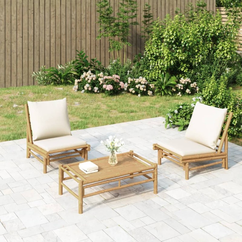 vidaXL Set Salotto da Giardino 3pz con Cuscini Bianco Crema in Bambù vidaXL Set Salotto da Giardino 3pz con Cuscini Bianco Crema in Bambù