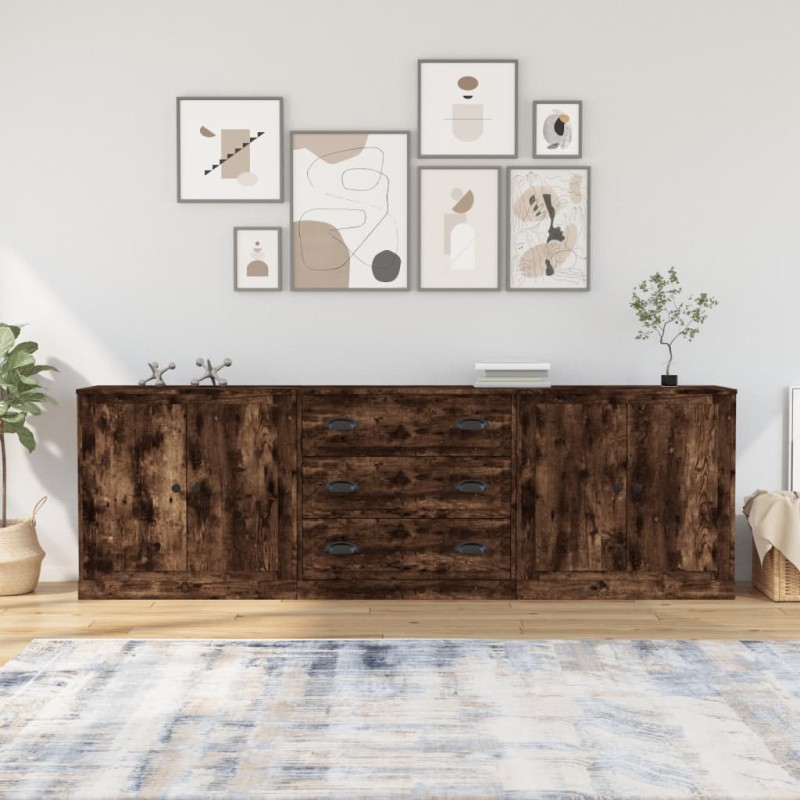 vidaXL Credenze 3 pz Rovere Fumo in Legno Multistrato vidaXL Credenze 3 pz Rovere Fumo in Legno Multistrato