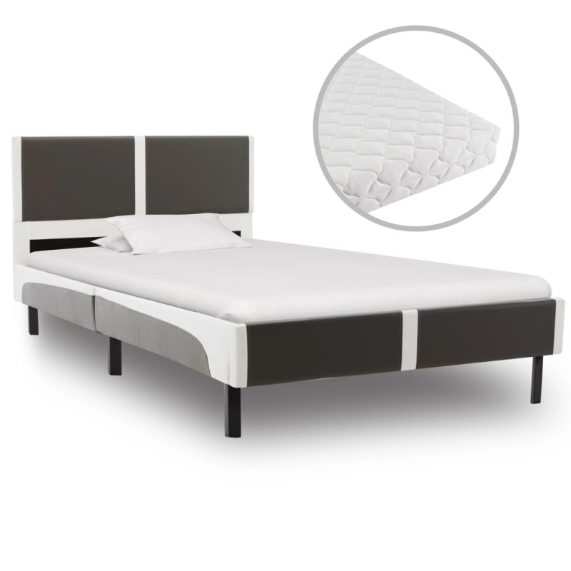 vidaXL Letto con Materasso Bianco e Grigio Similpelle 90x200cm vidaXL Letto con Materasso Bianco e Grigio Similpelle 90x200cm