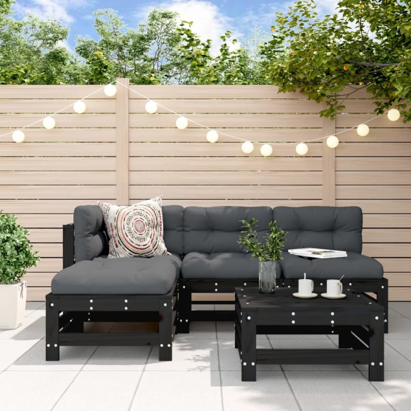 vidaXL Set Divani da Giardino 5 pz con Cuscini in Legno Massello Nero vidaXL Set Divani da Giardino 5 pz con Cuscini in Legno Massello Nero