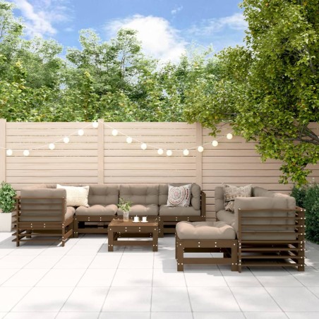 vidaXL Set Divani da Giardino 10pz con Cuscini in Legno Massello Miele