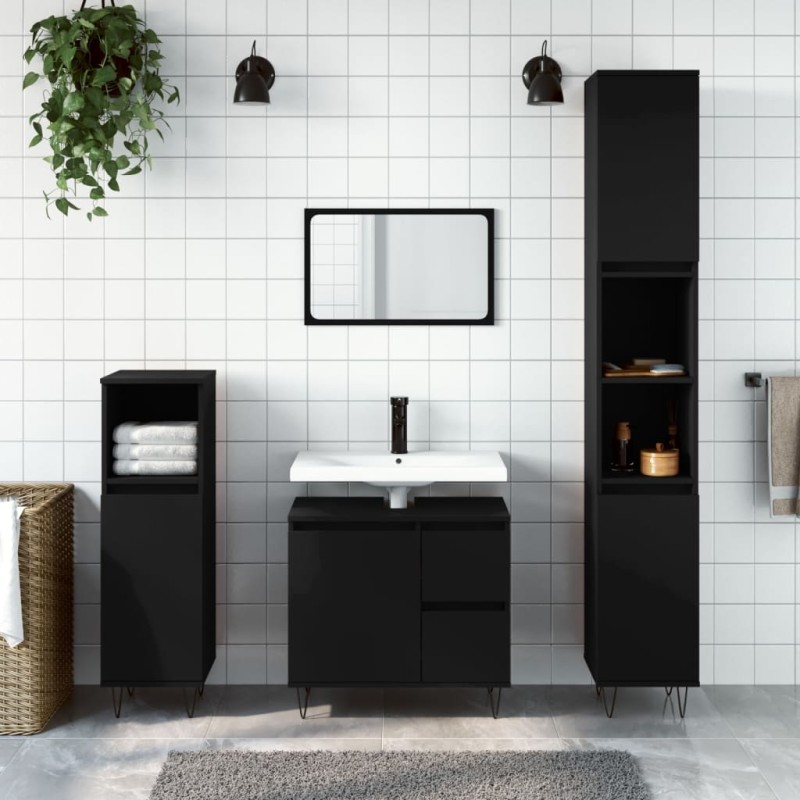 vidaXL Set Mobili da Bagno 3 pz Nero in Legno Multistrato vidaXL Set Mobili da Bagno 3 pz Nero in Legno Multistrato