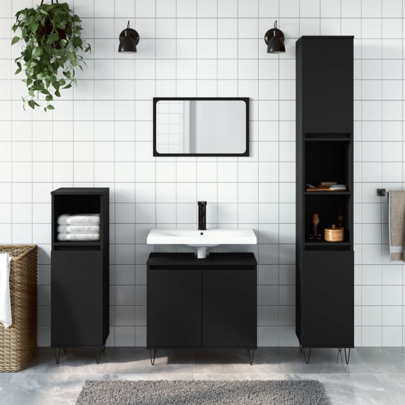 vidaXL Set Mobili da Bagno 3 pz Nero in Legno Multistrato vidaXL Set Mobili da Bagno 3 pz Nero in Legno Multistrato