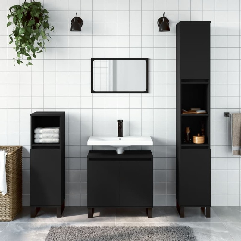 vidaXL Set Mobili da Bagno 3 pz Nero in Legno Multistrato vidaXL Set Mobili da Bagno 3 pz Nero in Legno Multistrato
