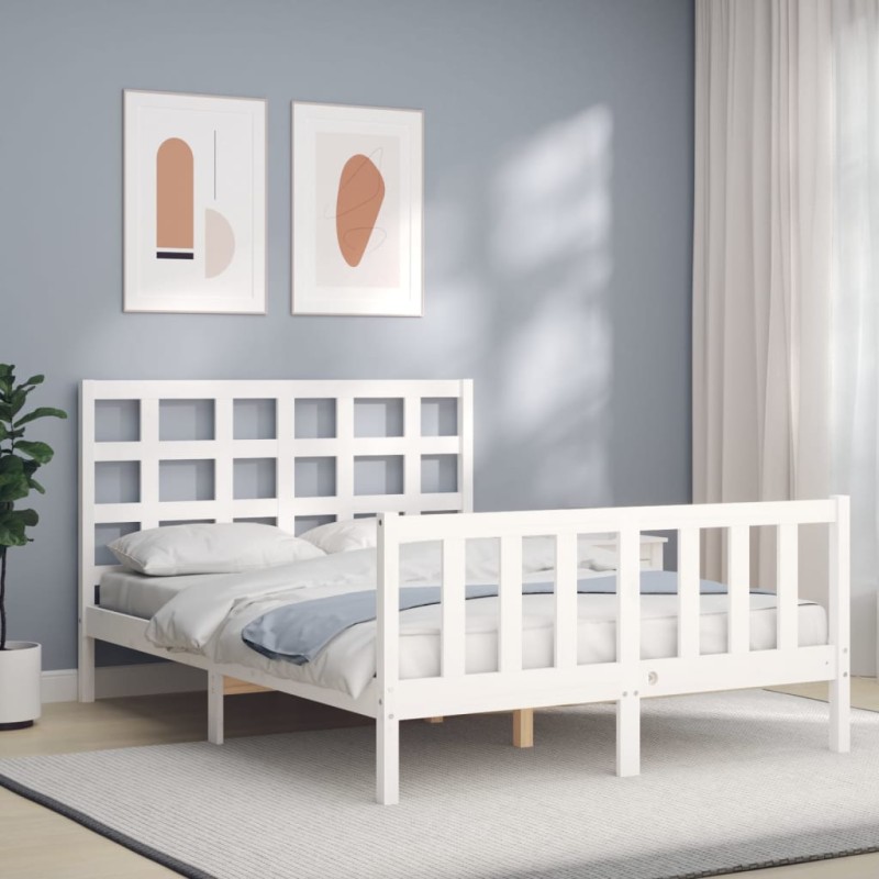 vidaXL Giroletto con Testiera Bianco 4FT Small Double Legno Massello vidaXL Giroletto con Testiera Bianco 4FT Small Double Legno Massello