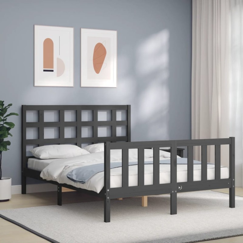 vidaXL Giroletto con Testiera Grigio 4FT Small Double Legno Massello vidaXL Giroletto con Testiera Grigio 4FT Small Double Legno Massello