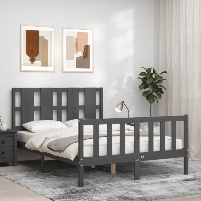 vidaXL Giroletto con Testiera Grigio 4FT Small Double Legno Massello vidaXL Giroletto con Testiera Grigio 4FT Small Double Legno Massello