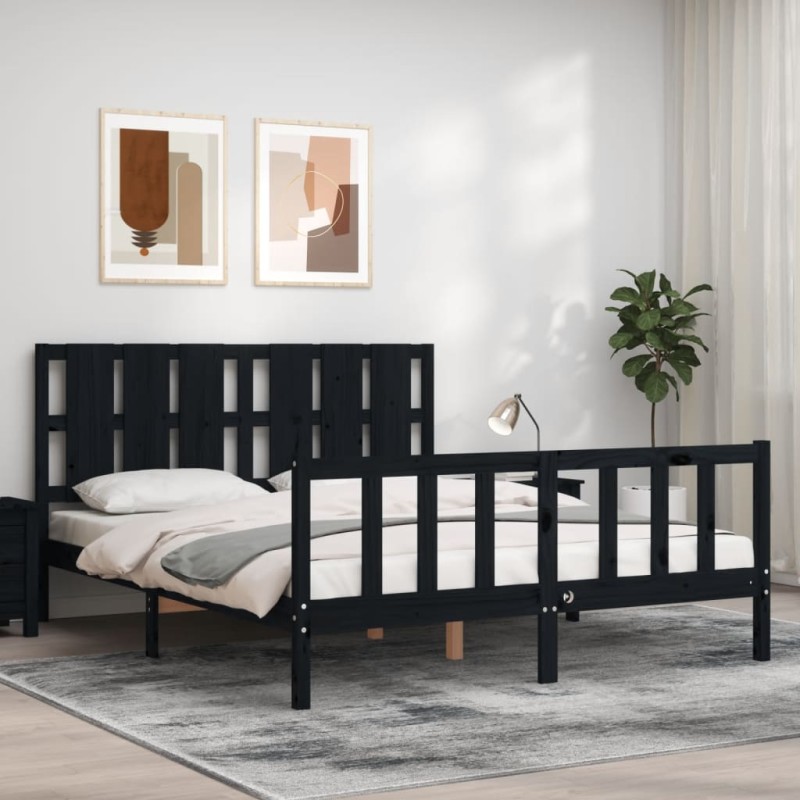 vidaXL Giroletto con Testiera Nero King Size in Legno Massello vidaXL Giroletto con Testiera Nero King Size in Legno Massello