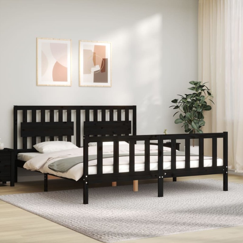 vidaXL Giroletto con Testiera Nero 6FT Super King Size Legno Massello vidaXL Giroletto con Testiera Nero 6FT Super King Size Legno Massello