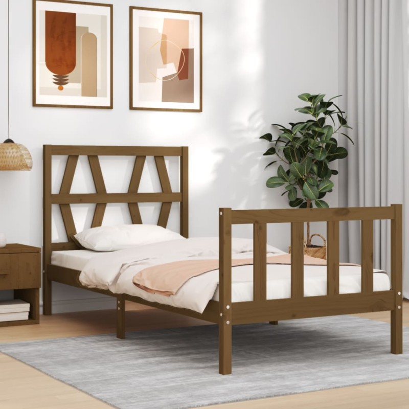vidaXL Giroletto con Testiera Miele 2FT6 Small Single Legno Massello vidaXL Giroletto con Testiera Miele 2FT6 Small Single Legno Massello