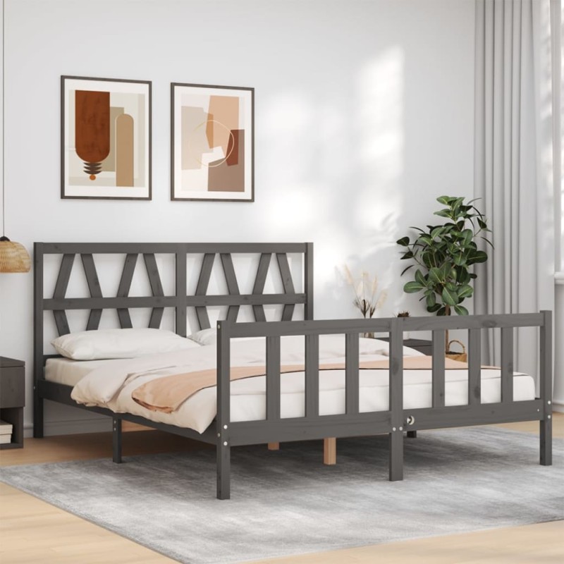 vidaXL Giroletto con Testiera Grigio 160x200 cm Legno Massello vidaXL Giroletto con Testiera Grigio 160x200 cm Legno Massello