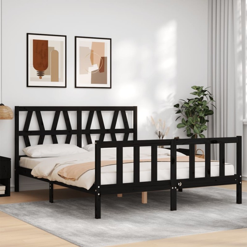 vidaXL Giroletto con Testiera Nero 160x200 cm Legno Massello vidaXL Giroletto con Testiera Nero 160x200 cm Legno Massello