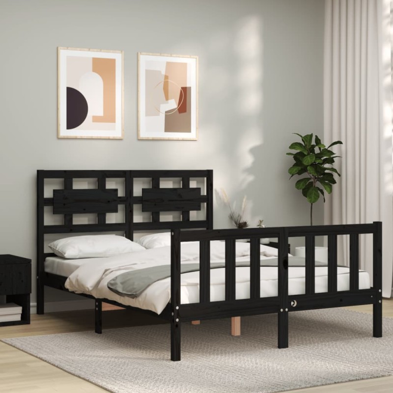 vidaXL Giroletto con Testiera Nero 4FT Small Double in Legno Massello vidaXL Giroletto con Testiera Nero 4FT Small Double in Legno Massello