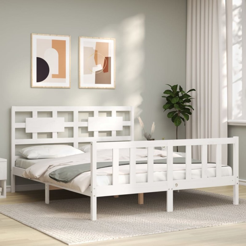 vidaXL Giroletto con Testiera Bianco 5FT King Size in Legno Massello vidaXL Giroletto con Testiera Bianco 5FT King Size in Legno Massello