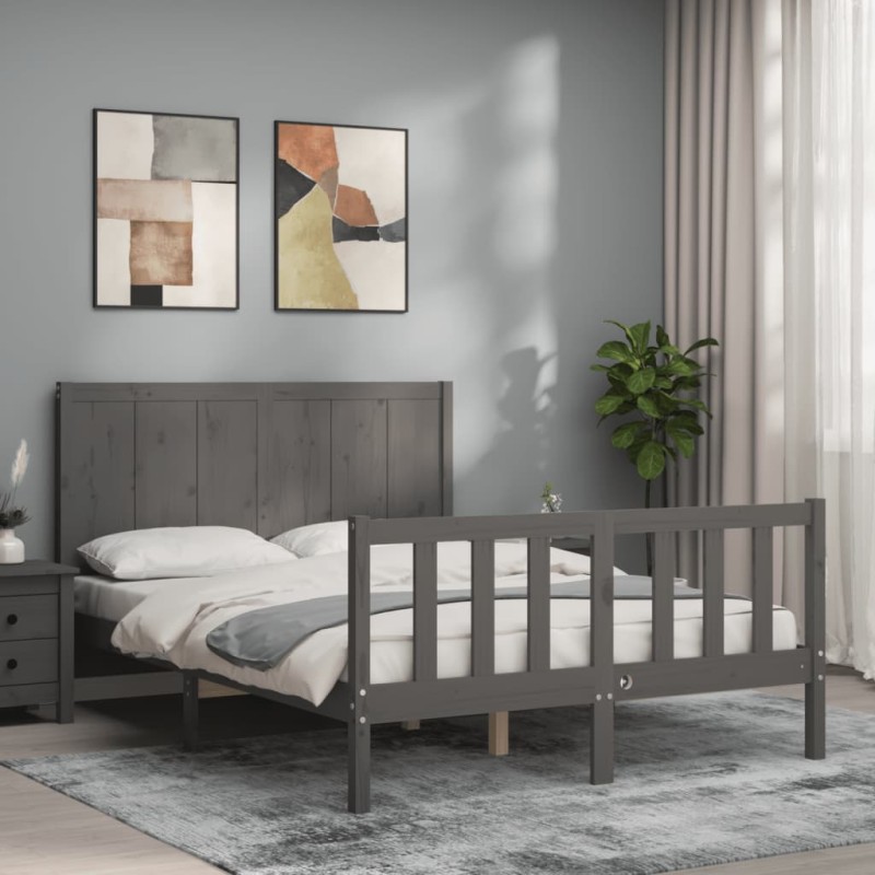vidaXL Giroletto con Testiera Grigio 140x190 cm in Legno Massello vidaXL Giroletto con Testiera Grigio 140x190 cm in Legno Massello