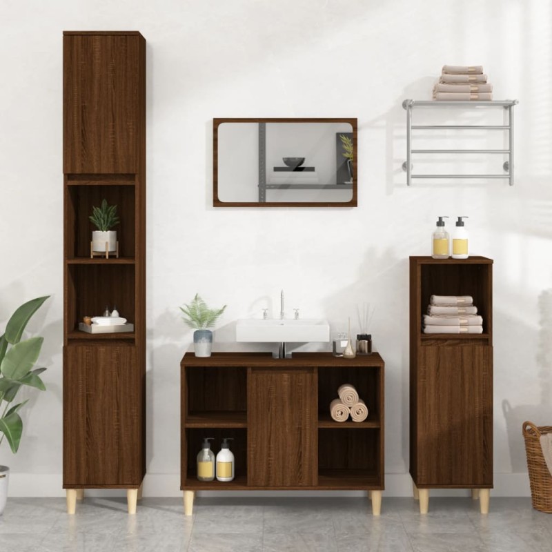 Set Mobili da Bagno 3 pz Rovere Marrone in Legno Multistrato Set Mobili da Bagno 3 pz Rovere Marrone in Legno Multistrato