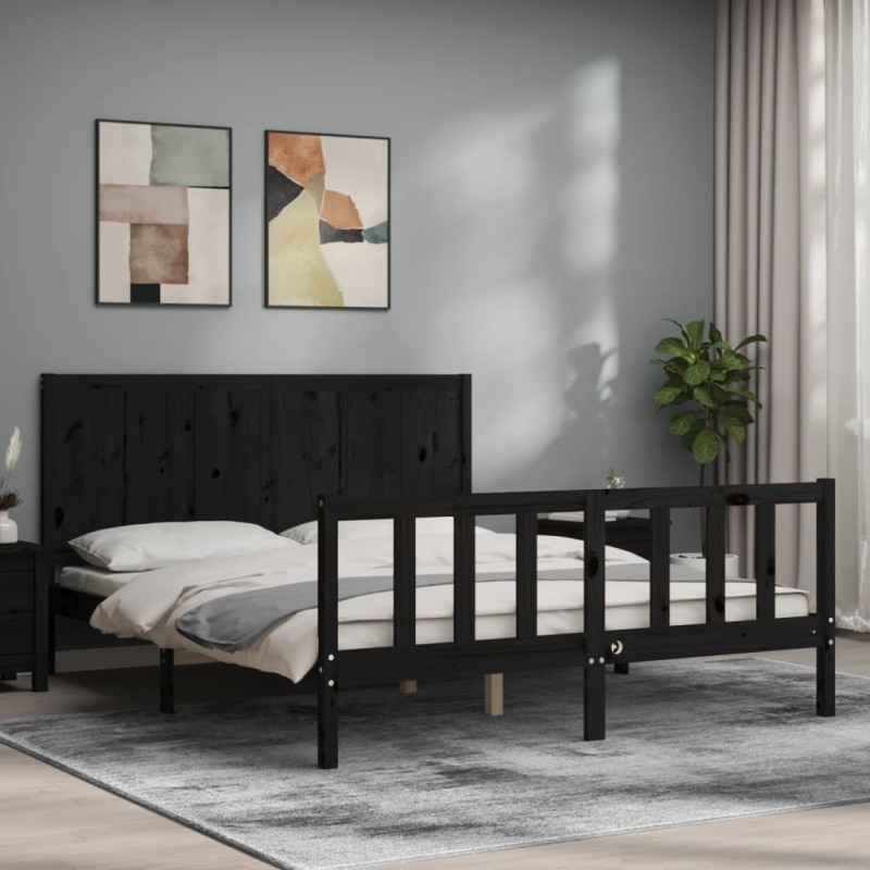 vidaXL Giroletto con Testiera Nero 5FT King Size in Legno Massello vidaXL Giroletto con Testiera Nero 5FT King Size in Legno Massello