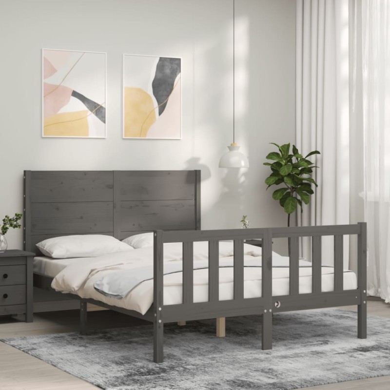 vidaXL Giroletto con Testiera Grigio 4FT Small Double Legno Massello vidaXL Giroletto con Testiera Grigio 4FT Small Double Legno Massello