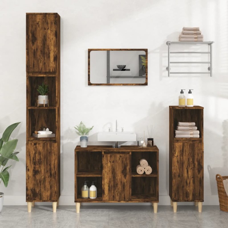 Set Mobili da Bagno 3 pz Rovere Fumo in Legno Multistrato Set Mobili da Bagno 3 pz Rovere Fumo in Legno Multistrato