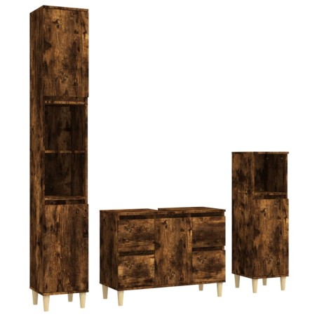 Set Mobili da Bagno 3 pz Rovere Fumo in Legno Multistrato
