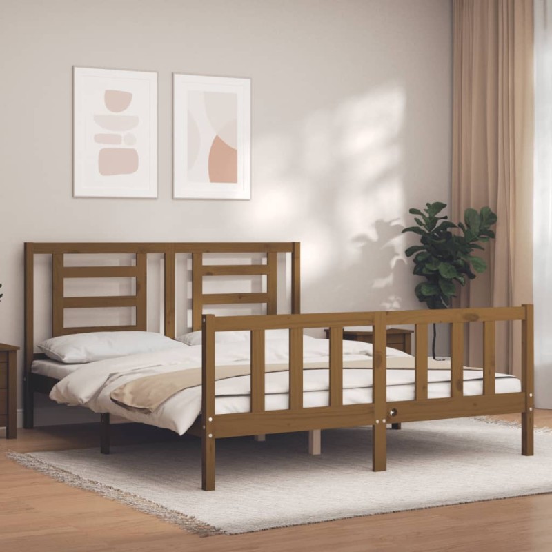 vidaXL Giroletto con Testiera Miele 5FT King Size in Legno Massello vidaXL Giroletto con Testiera Miele 5FT King Size in Legno Massello