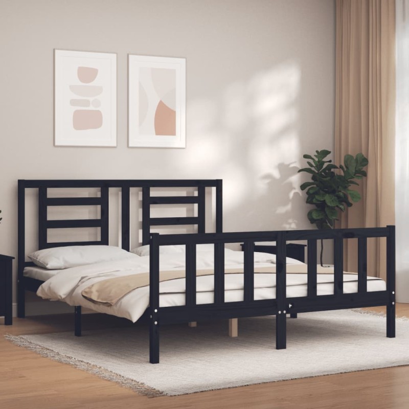 vidaXL Giroletto con Testiera Nero 5FT King Size in Legno Massello vidaXL Giroletto con Testiera Nero 5FT King Size in Legno Massello