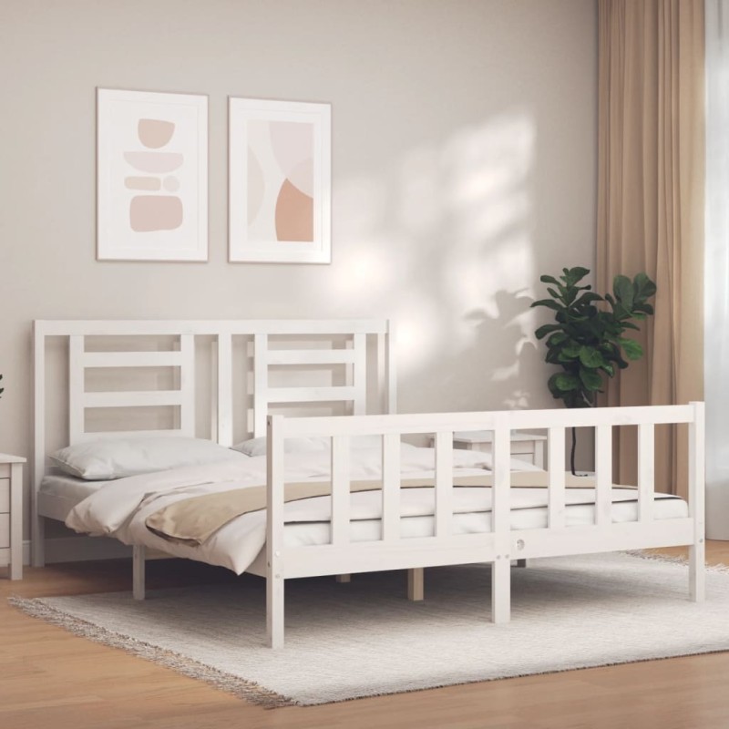 vidaXL Giroletto con Testiera Bianco 160x200 cm Legno Massello vidaXL Giroletto con Testiera Bianco 160x200 cm Legno Massello