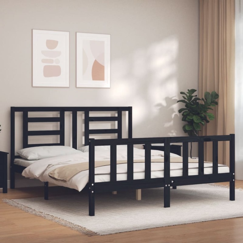 vidaXL Giroletto con Testiera Nero 160x200 cm Legno Massello vidaXL Giroletto con Testiera Nero 160x200 cm Legno Massello
