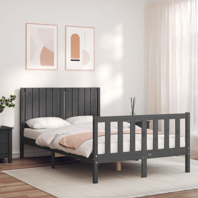 vidaXL Giroletto con Testiera Grigio 4FT Small Double Legno Massello vidaXL Giroletto con Testiera Grigio 4FT Small Double Legno Massello