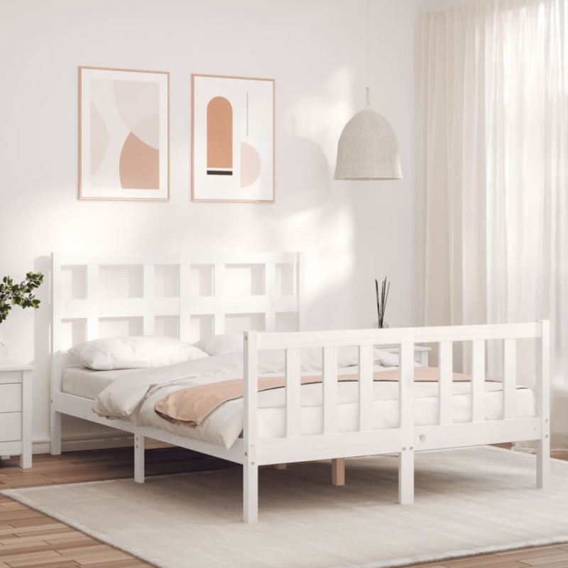 vidaXL Giroletto con Testiera Bianco 4FT Small Double Legno Massello vidaXL Giroletto con Testiera Bianco 4FT Small Double Legno Massello