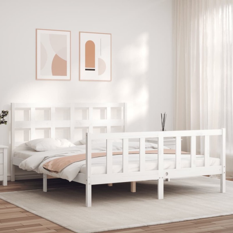 vidaXL Giroletto con Testiera Bianco 160x200 cm Legno Massello vidaXL Giroletto con Testiera Bianco 160x200 cm Legno Massello