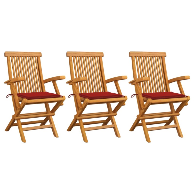 Sedie da Giardino con Cuscini Rossi 3 pz in Massello di Teak Sedie da Giardino con Cuscini Rossi 3 pz in Massello di Teak