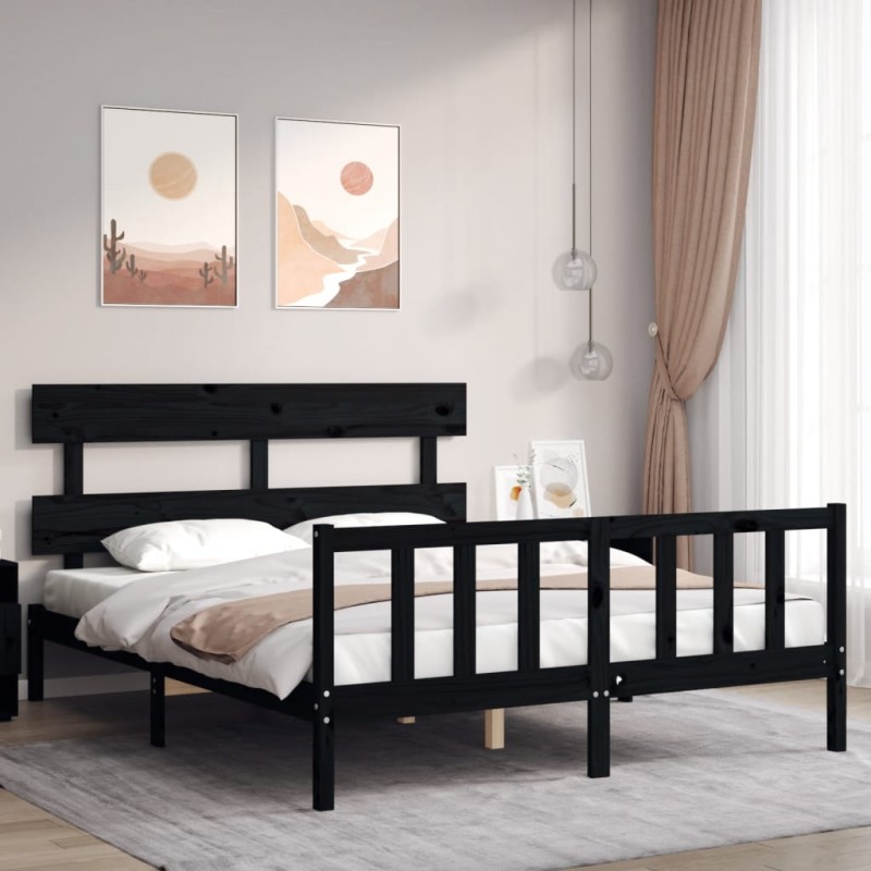 vidaXL Giroletto con Testiera Nero 5FT King Size in Legno Massello vidaXL Giroletto con Testiera Nero 5FT King Size in Legno Massello