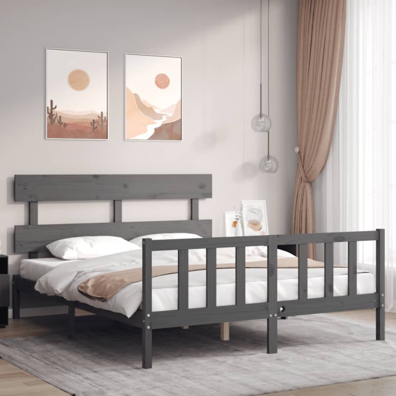 vidaXL Giroletto con Testiera Grigio 160x200 cm Legno Massello vidaXL Giroletto con Testiera Grigio 160x200 cm Legno Massello