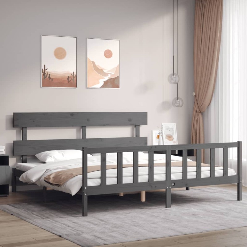 vidaXL Giroletto con Testiera Grigio 6FT Super King in Legno Massello vidaXL Giroletto con Testiera Grigio 6FT Super King in Legno Massello