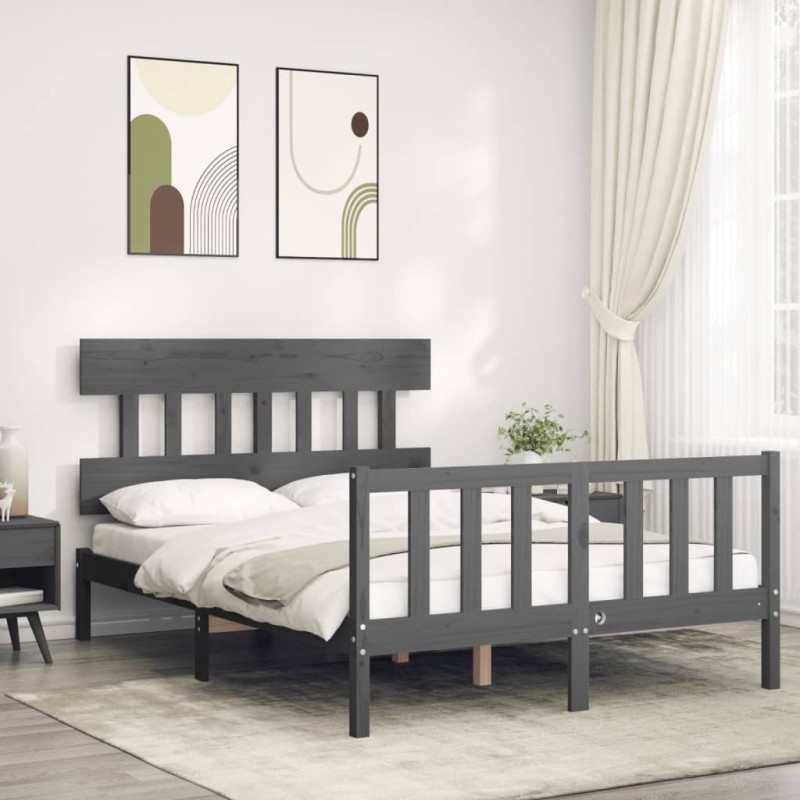 vidaXL Giroletto con Testiera Grigio 4FT Small Double Legno Massello vidaXL Giroletto con Testiera Grigio 4FT Small Double Legno Massello