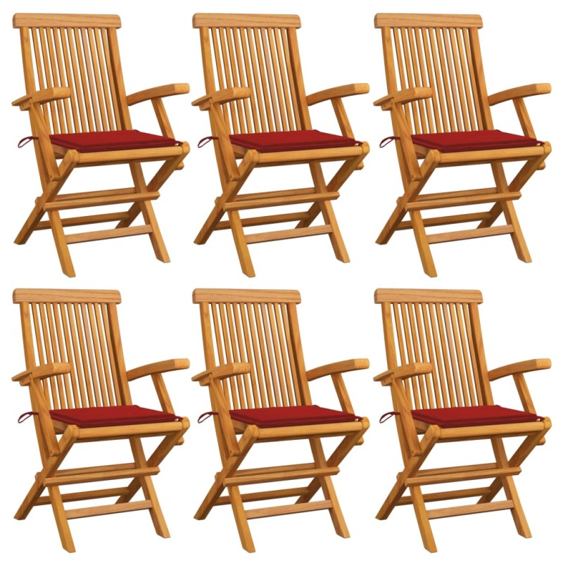 Sedie da Giardino con Cuscini Rossi 6 pz in Massello di Teak Sedie da Giardino con Cuscini Rossi 6 pz in Massello di Teak