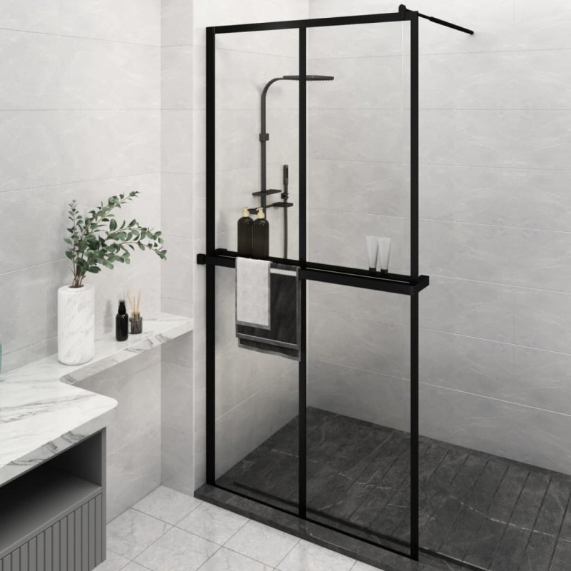 Parete Doccia con Mensola Nera 118x190 cm Vetro ESG e Alluminio Parete Doccia con Mensola Nera 118x190 cm Vetro ESG e Alluminio