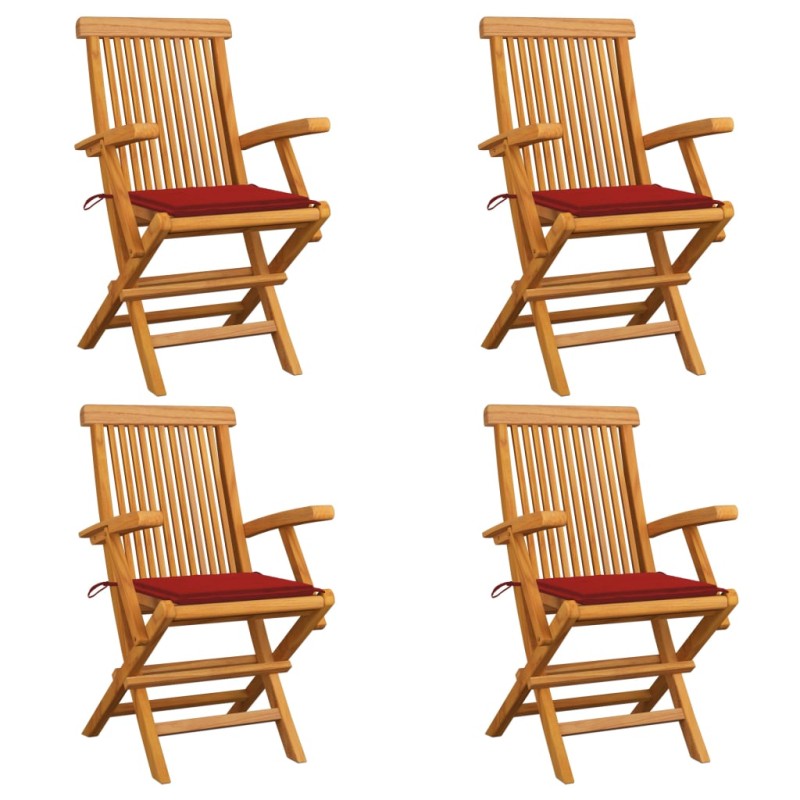 Sedie da Giardino con Cuscini Rossi 4 pz Massello di Teak Sedie da Giardino con Cuscini Rossi 4 pz Massello di Teak