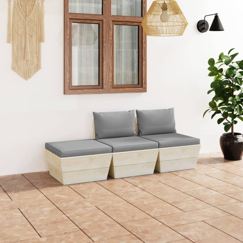 Set Divani da Giardino su Pallet 3 pz con Cuscini Legno Abete Set Divani da Giardino su Pallet 3 pz con Cuscini Legno Abete