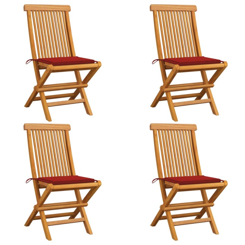 Sedie da Giardino con Cuscini Rossi 4 pz Massello di Teak Sedie da Giardino con Cuscini Rossi 4 pz Massello di Teak