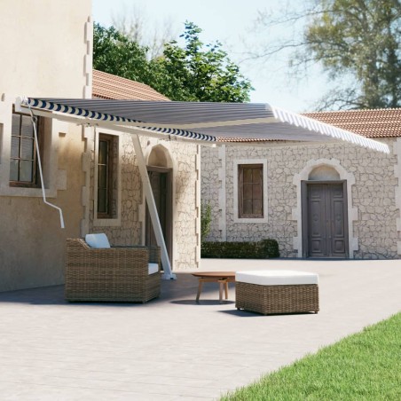 Tenda da Sole Retrattile Manuale con Palo 500x300 cm Blu Bianca