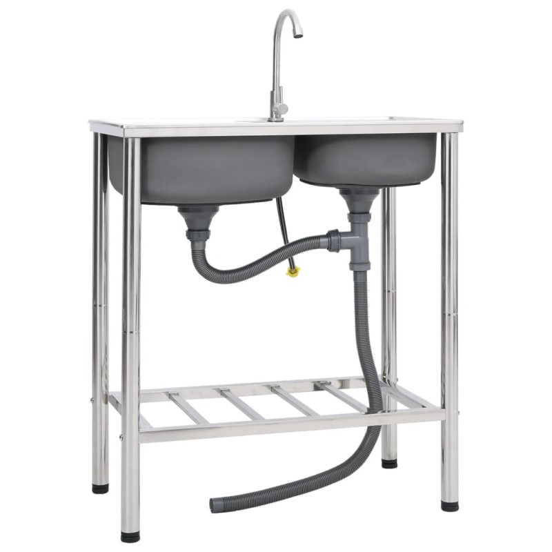vidaXL Lavello da Campeggio Vasca Doppia con Rubinetto in Acciaio Inox vidaXL Lavello da Campeggio Vasca Doppia con Rubinetto in Acciaio Inox