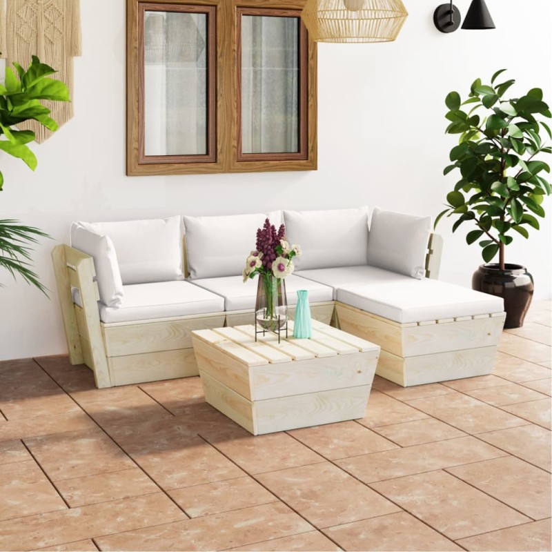 vidaXL Set Divani da Giardino su Pallet 5 pz con Cuscini Legno Abete vidaXL Set Divani da Giardino su Pallet 5 pz con Cuscini Legno Abete