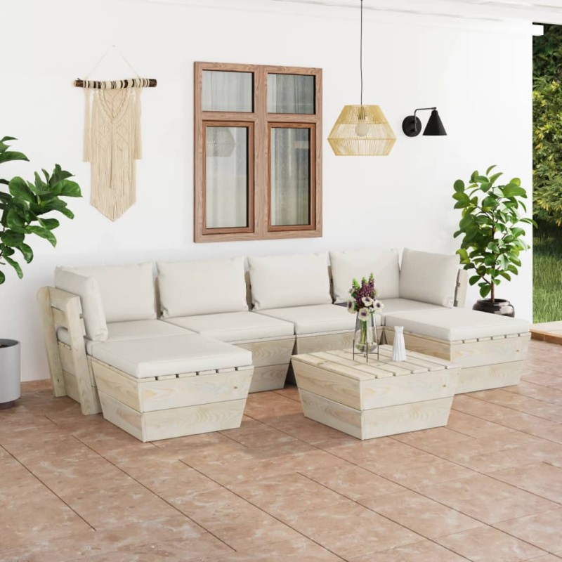 vidaXL Set Divani da Giardino su Pallet 7 pz con Cuscini Legno Abete vidaXL Set Divani da Giardino su Pallet 7 pz con Cuscini Legno Abete