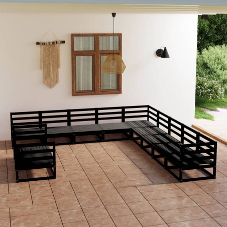 vidaXL Set Divani da Giardino 11 pz Nero in Legno Massello di Pino