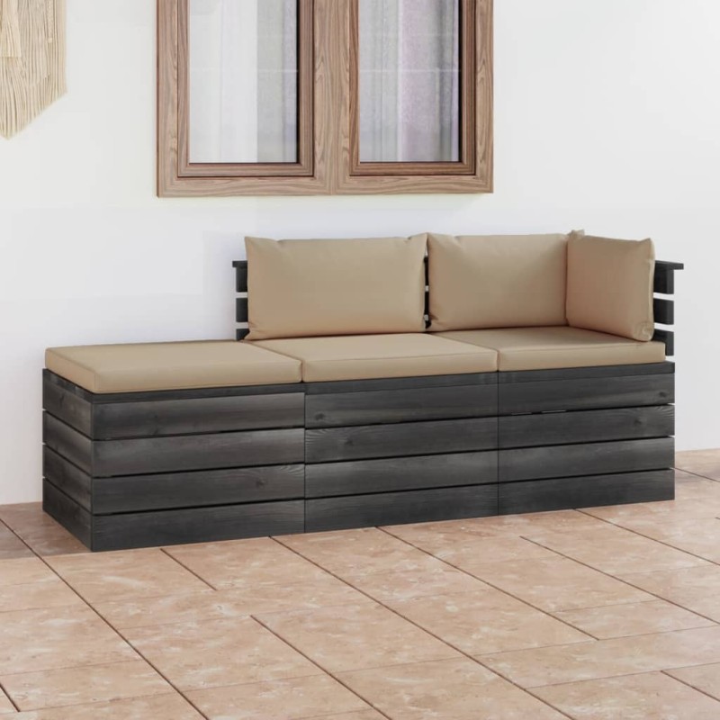 Set Divani da Giardino su Pallet 3 pz con Cuscini Massello Pino