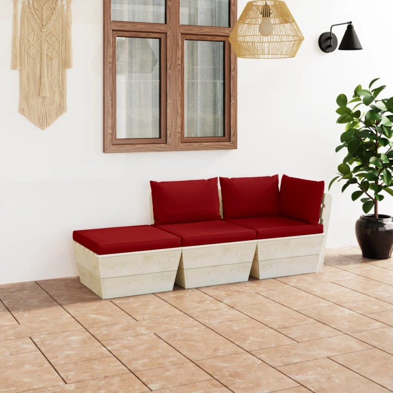 Set Divani da Giardino su Pallet 3 pz con Cuscini Legno Abete Set Divani da Giardino su Pallet 3 pz con Cuscini Legno Abete