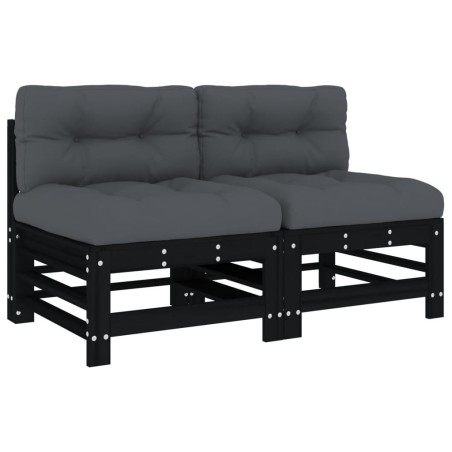 vidaXL Divani Centrali con Cuscini 2 pz Legno Massello di Pino Nero
