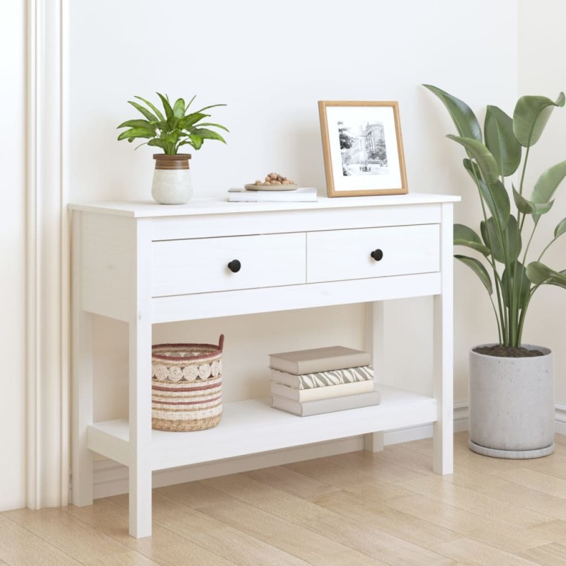 Tavolo Consolle Bianco 100x35x75 cm in Legno Massello di Pino Tavolo Consolle Bianco 100x35x75 cm in Legno Massello di Pino
